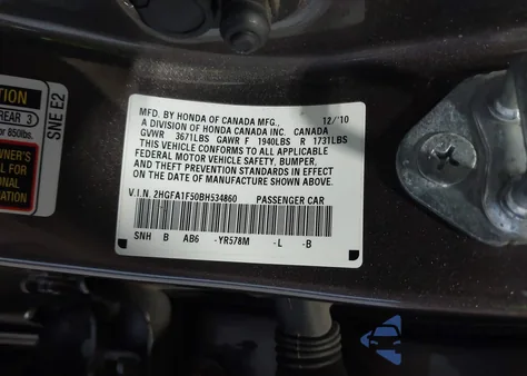 2011 Honda Civic Lx z USA, uszkodzony, nr VIN 2HGFA1F50BH534860